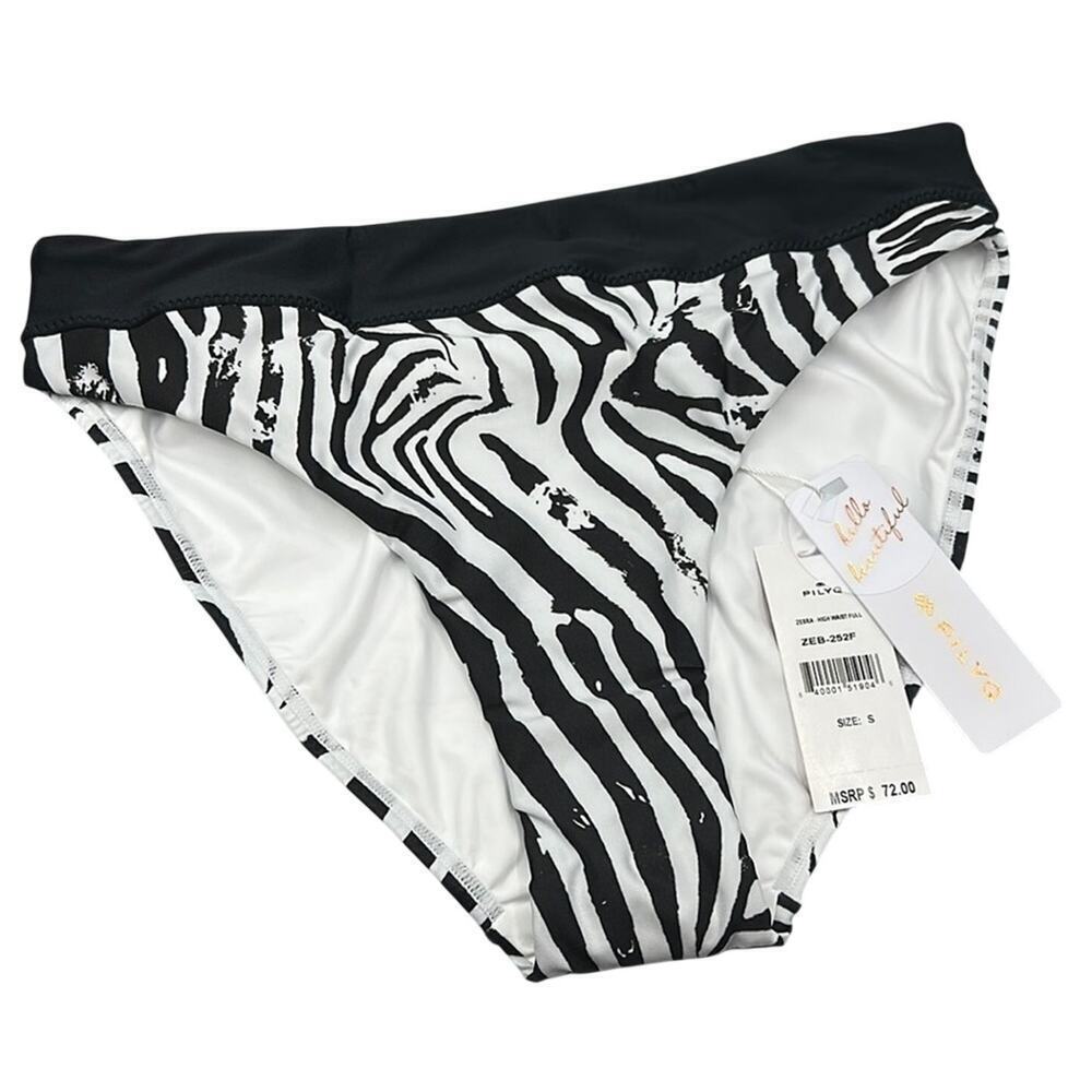 PilyQ Zebra Print Bikini Bottoms Small S High Rise Full Coverage Monochrome Swim